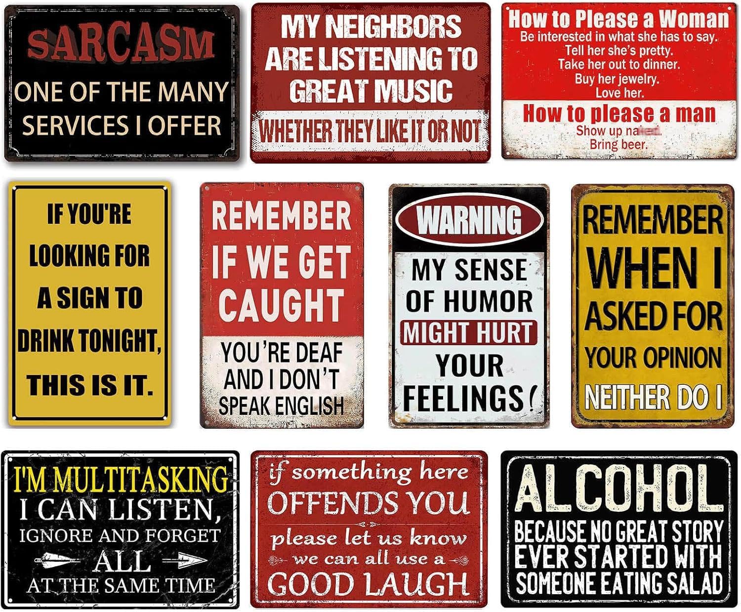 CONHUIDF front view of seven metal signs showing vintage charm and cohesive design