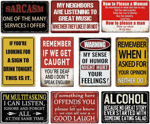 CONHUIDF front view of seven metal signs showing vintage charm and cohesive design