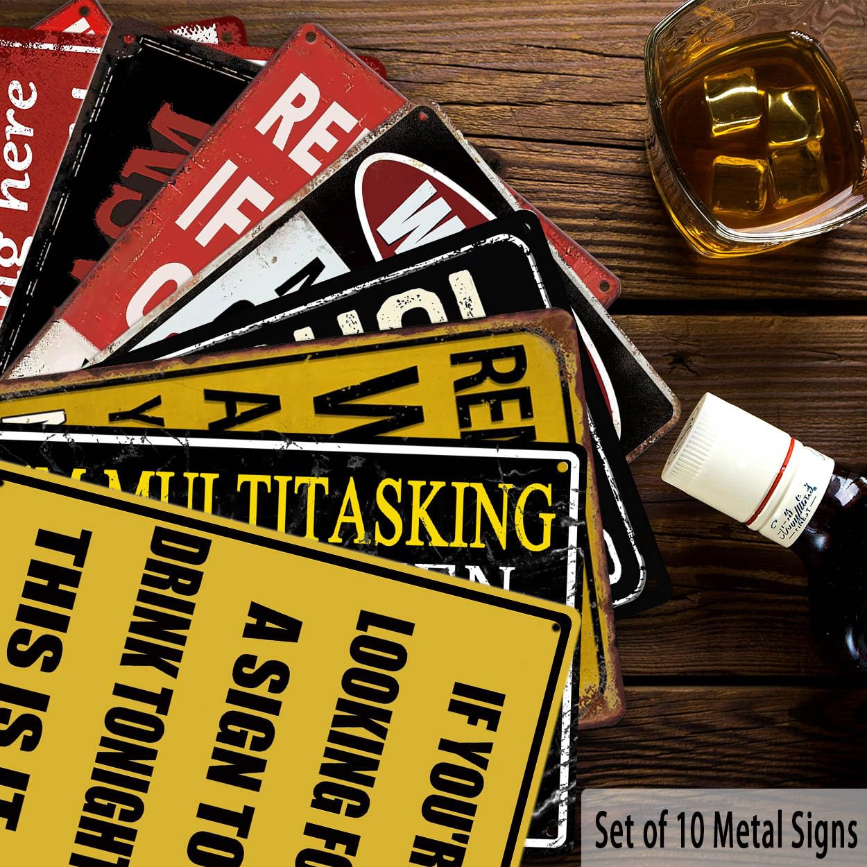 CONHUIDF metal signs displayed over a home bar providing instant theme