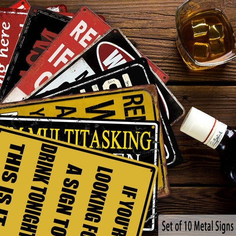 CONHUIDF metal signs displayed over a home bar providing instant theme