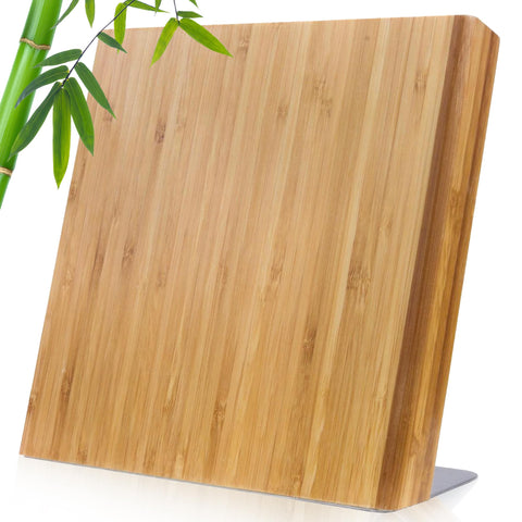 Coninx front view of bamboo magnetic knife block showing neat counter benefit