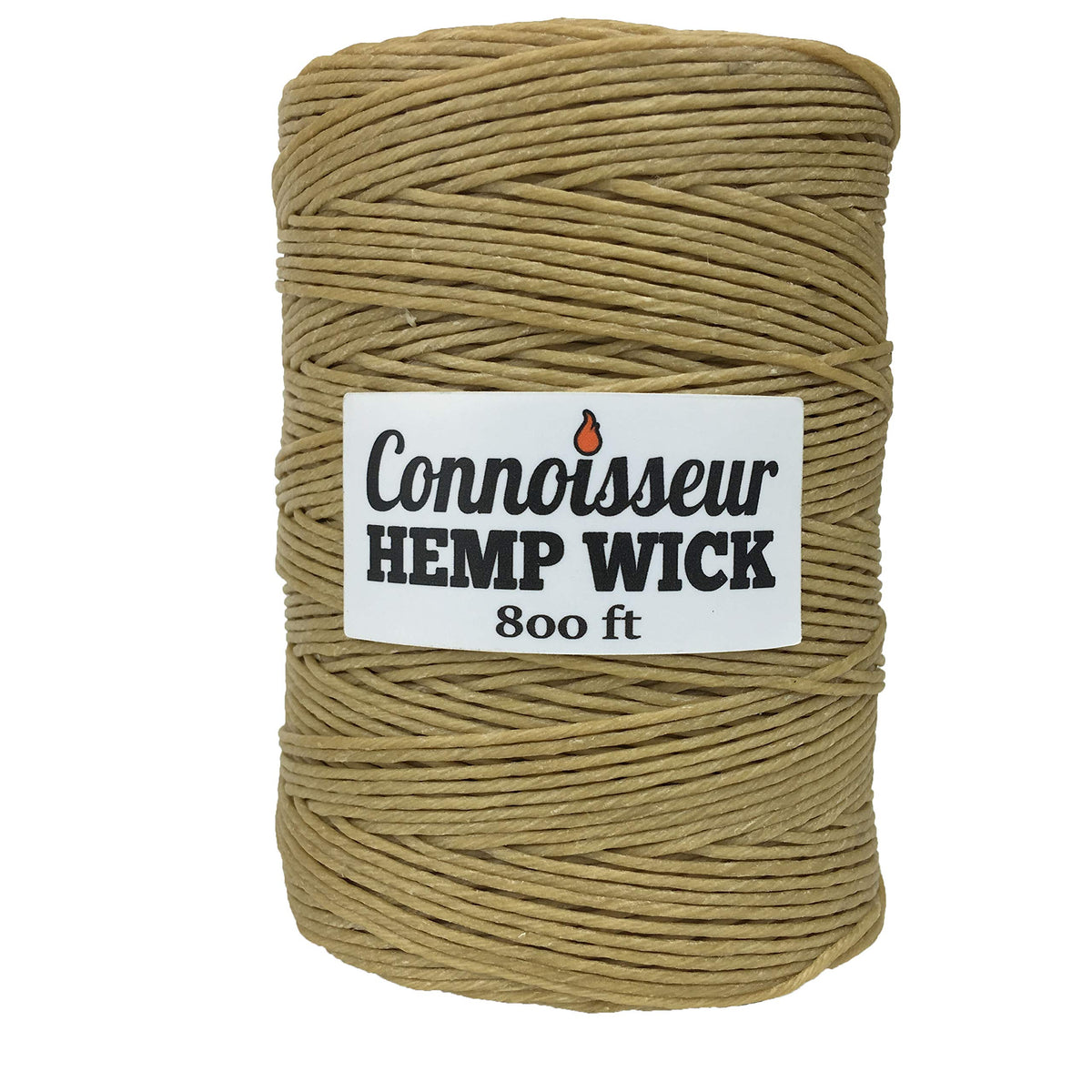 Connoisseur's Hemp Wick spool front view showing label and length benefit