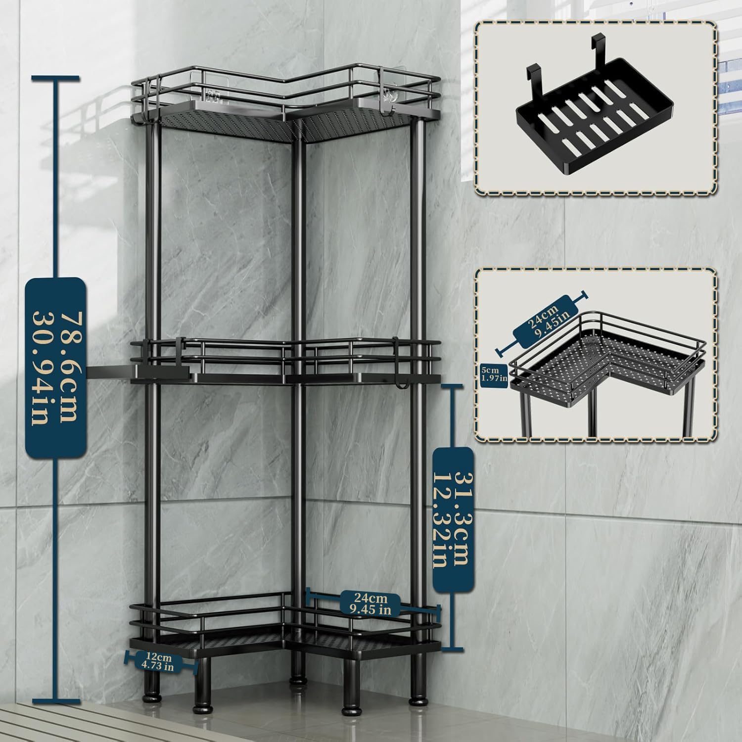 Consumest in-shower lifestyle shot demonstrating organized and clutter-free bath