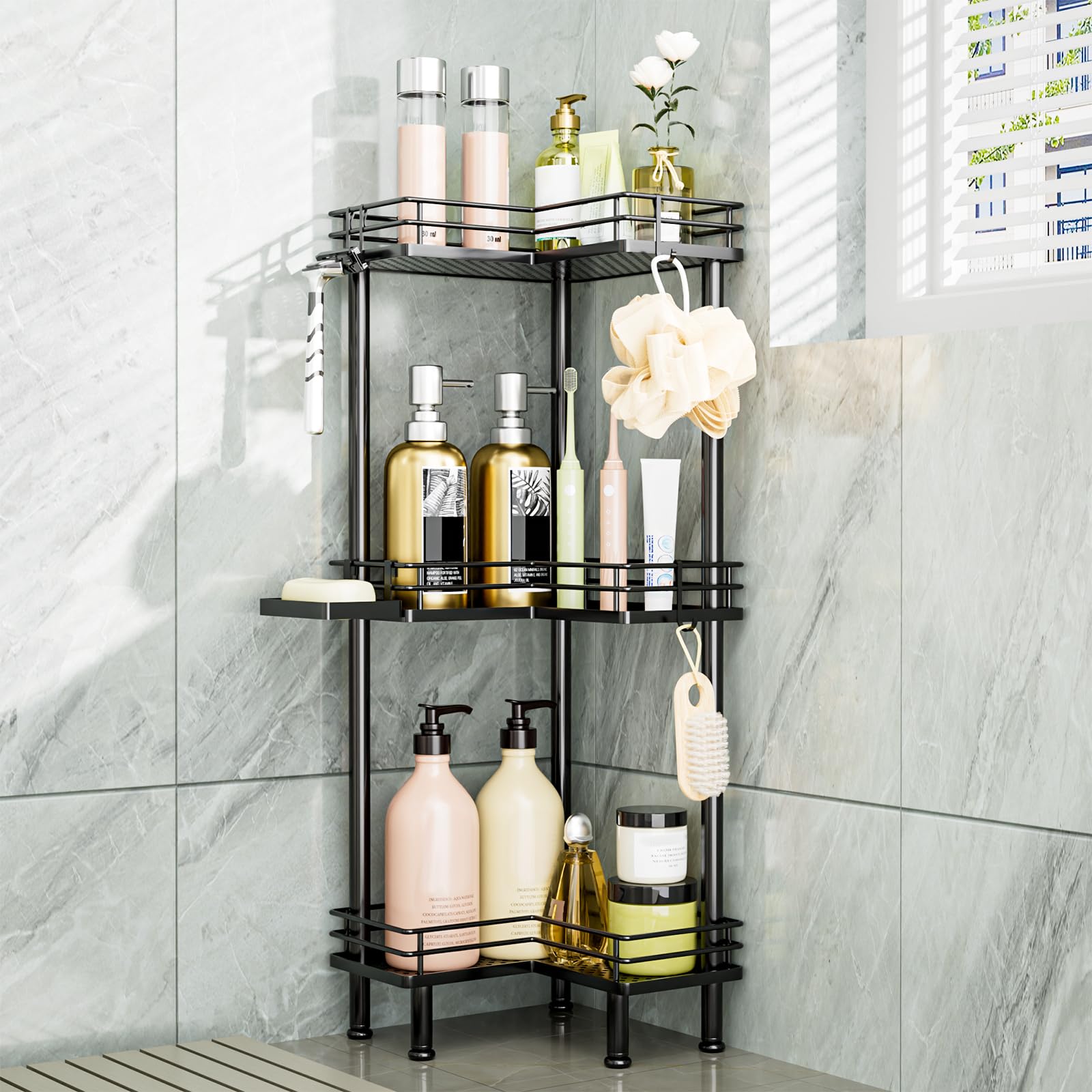 Consumest front view of 3-tier corner caddy showing neat organized bottles and space saving