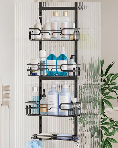 Consumest front view of full 4-tier over-the-door caddy showing organized bottles and hooks for tidy storage