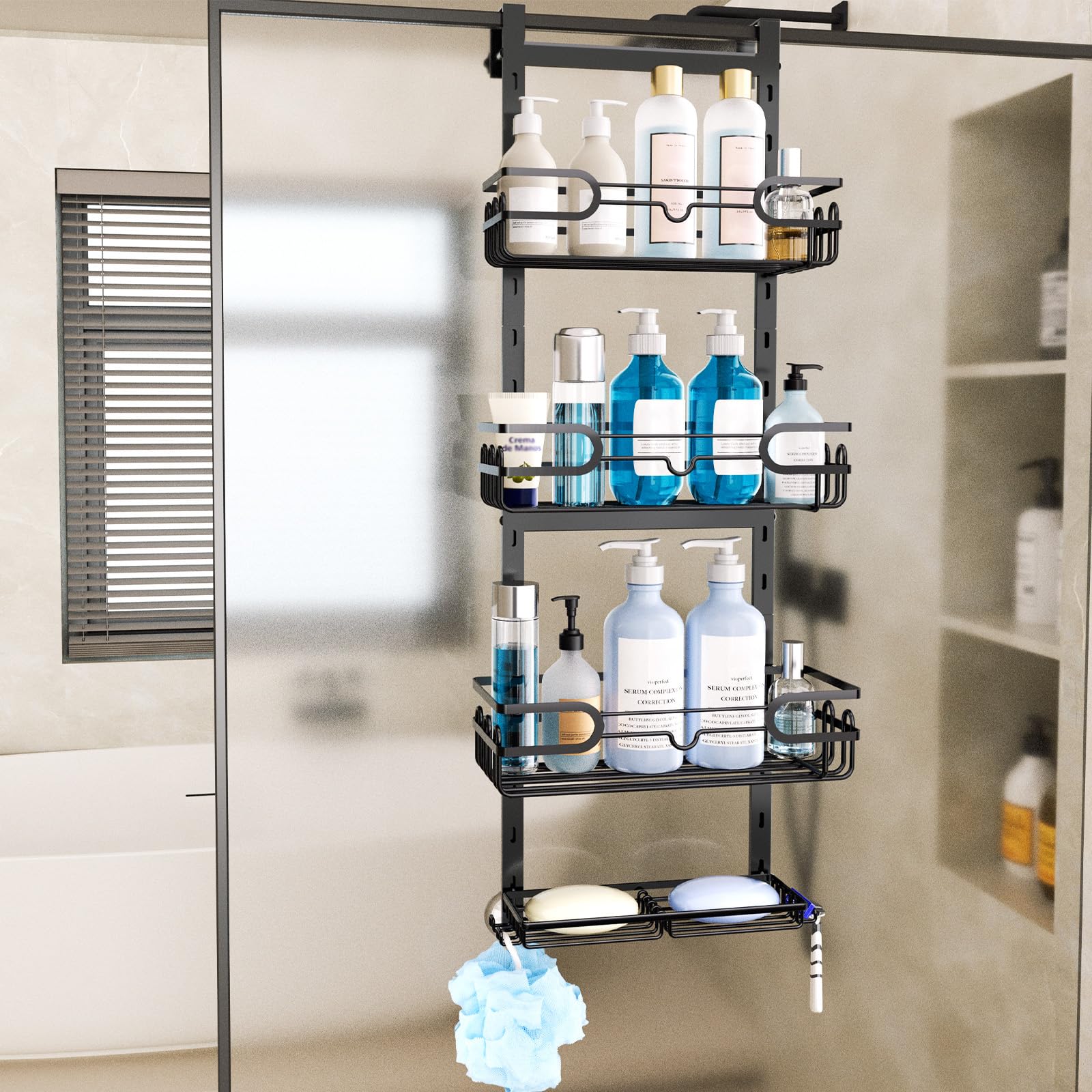 Consumest soap holders and 22 hooks closeup offering easy access to soap, razors, and sponges