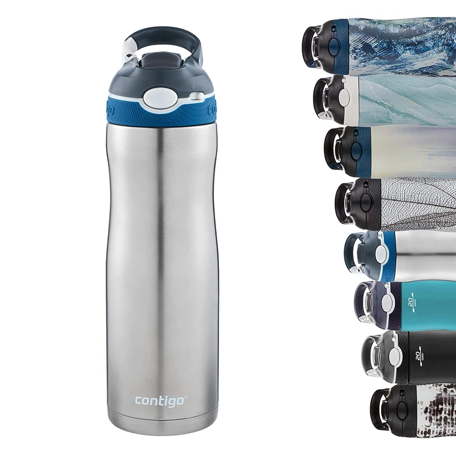 Contigo Ashland front view showing sleek grey bottle and carry clip for easy transport