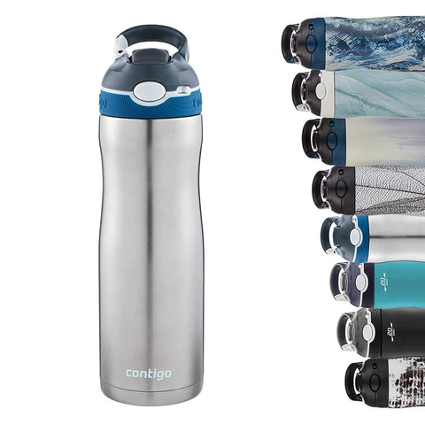 Contigo Ashland front view showing sleek grey bottle and carry clip for easy transport