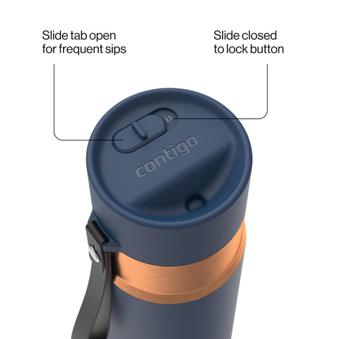 Contigo AutoSeal slider lock detail illustrating leakproof travel security