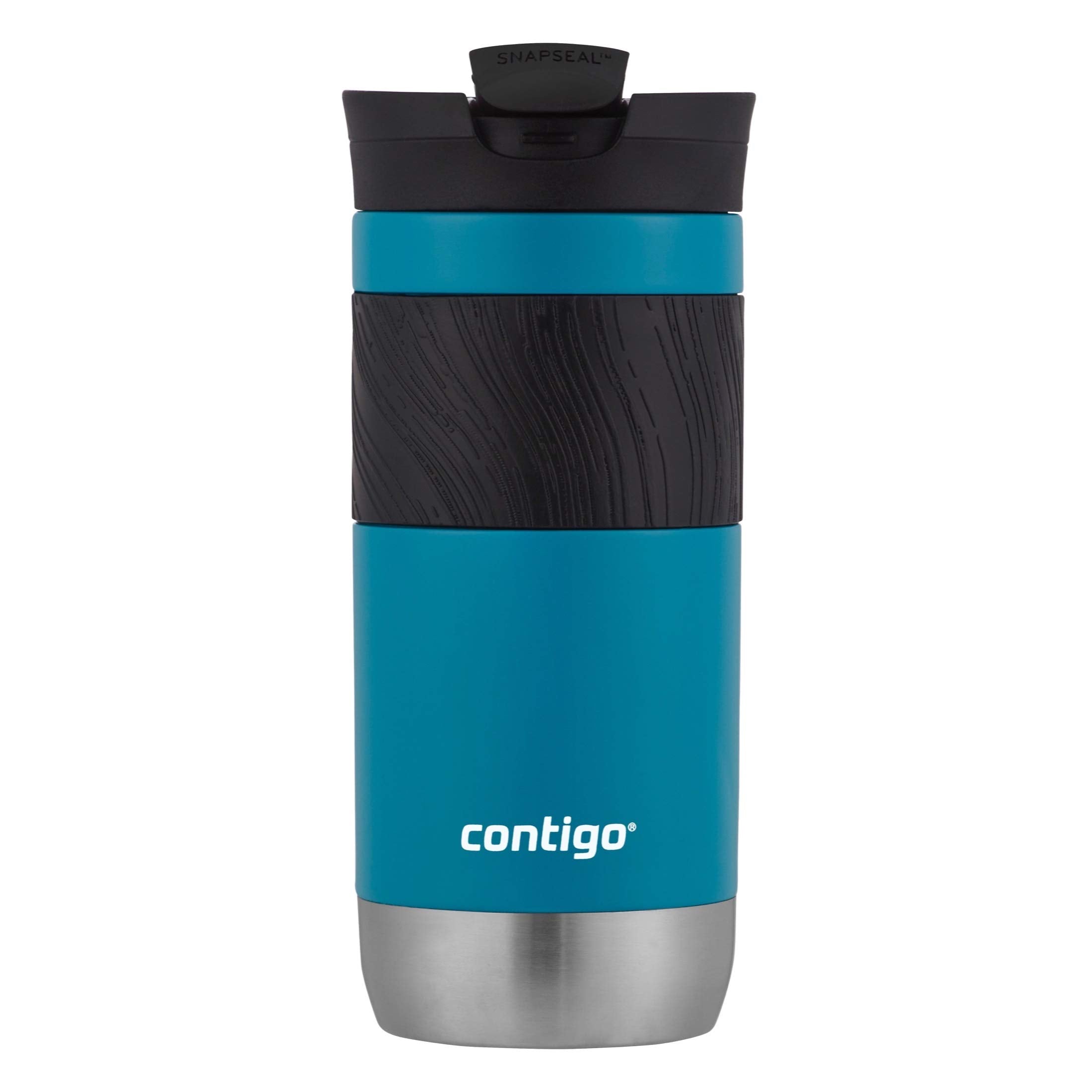 Contigo Byron SNAPSEAL lid detail showing one-handed open and leak prevention