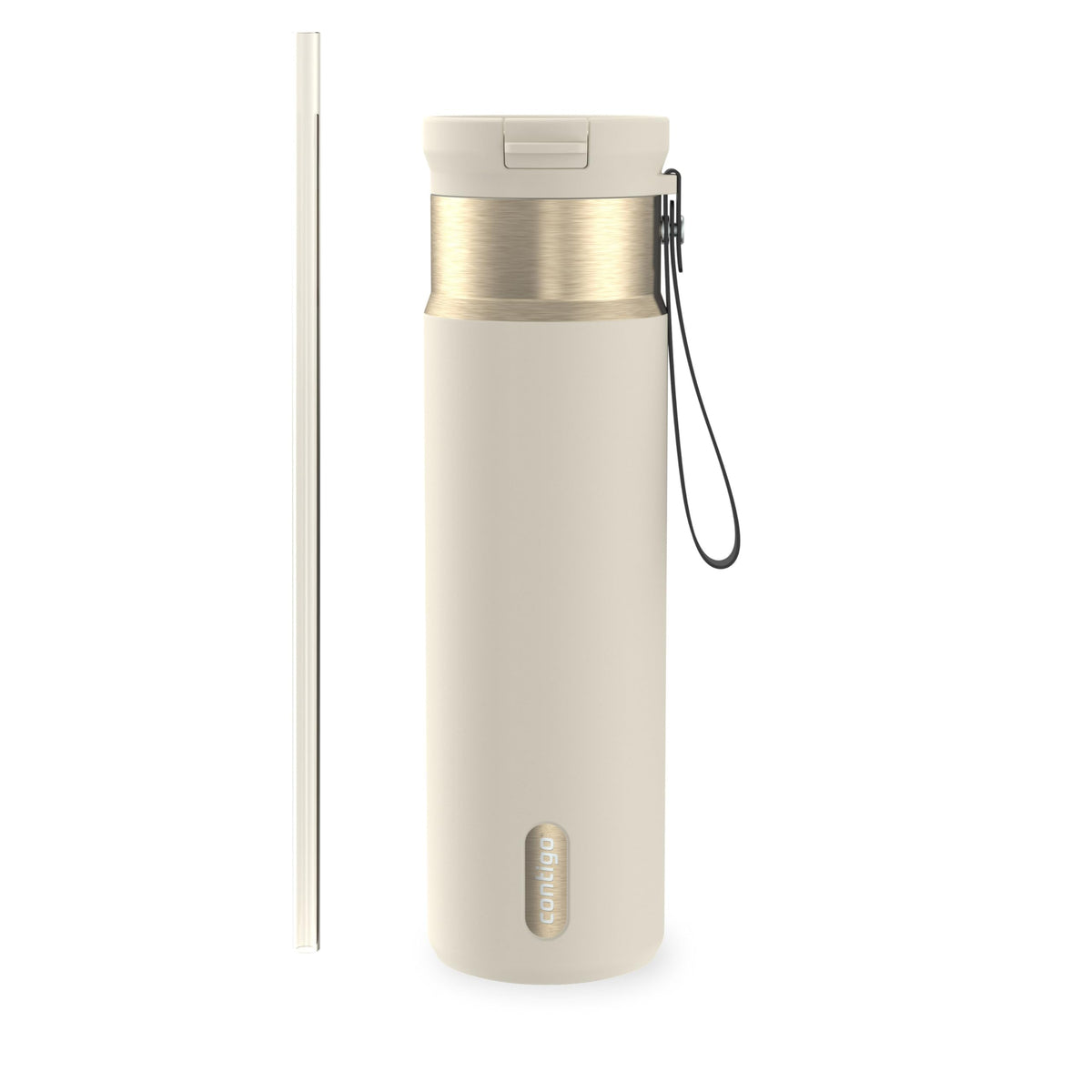 Contigo front view showing sleek metallic finish and easy-grip benefit
