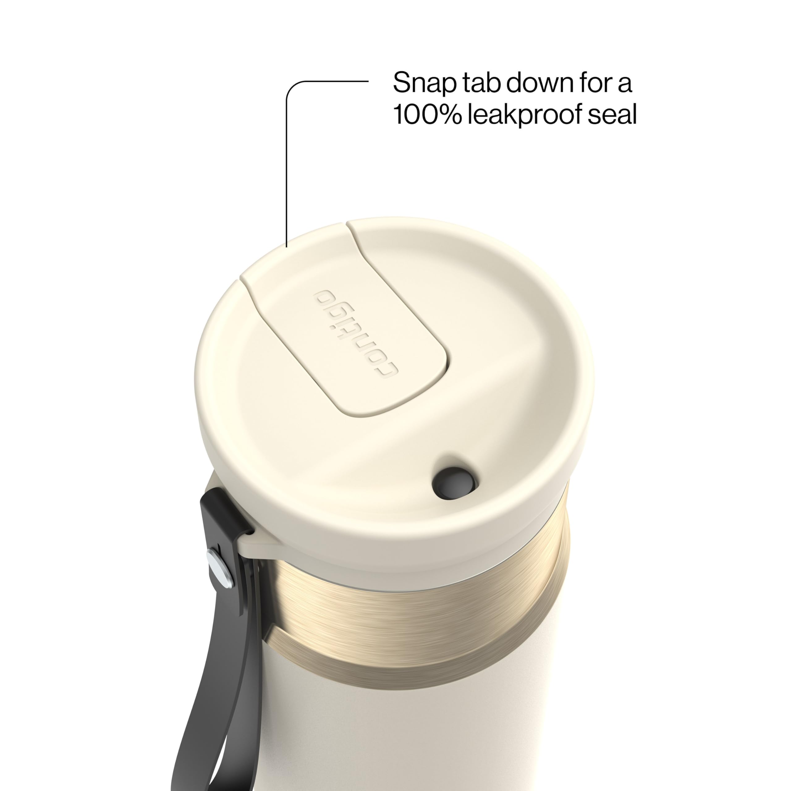 Contigo lid close-up showing SnapSeal mechanism and leak protection