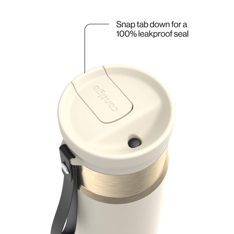 Contigo lid close-up showing SnapSeal mechanism and leak protection