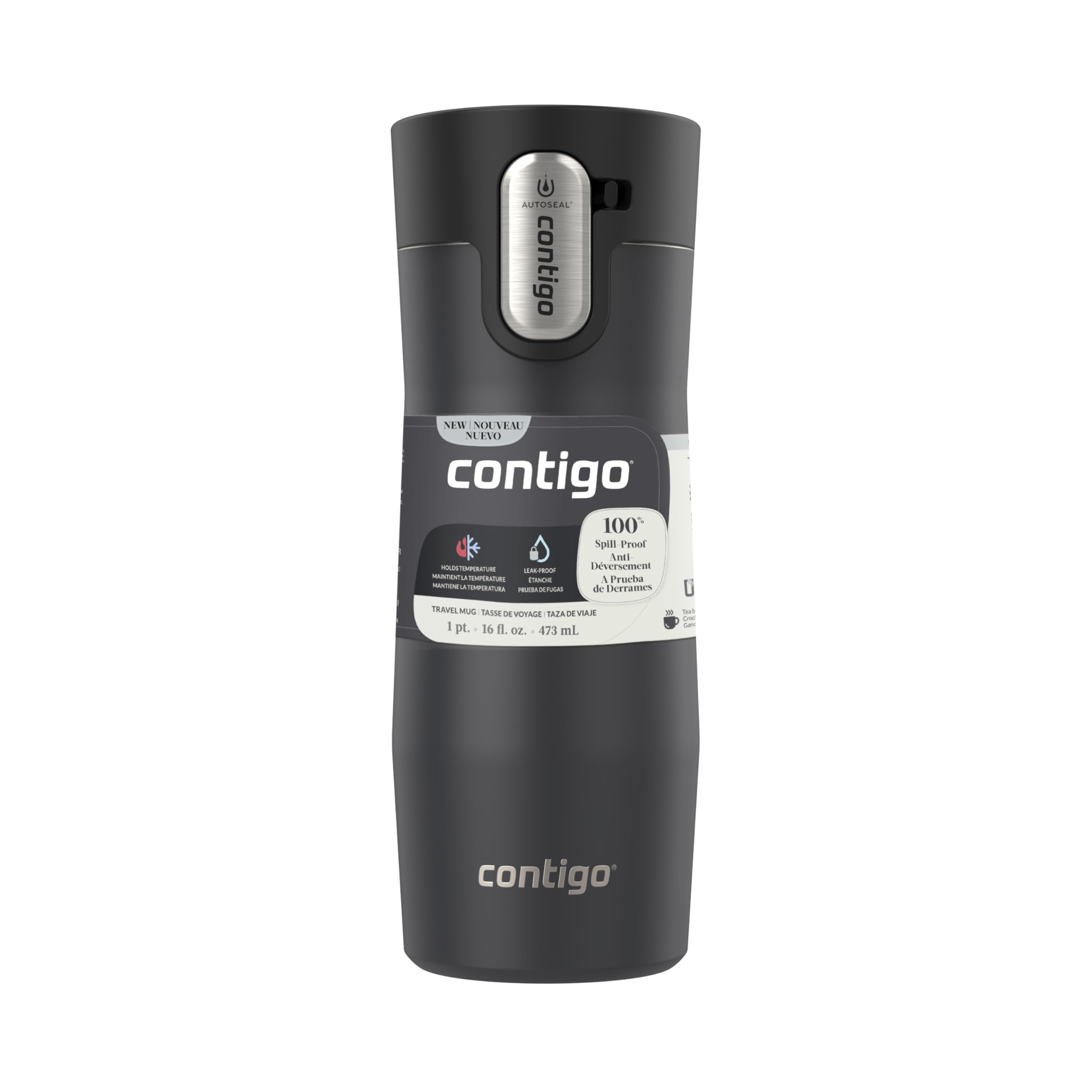 Contigo 16oz size comparison beside a phone to show portable capacity and convenience