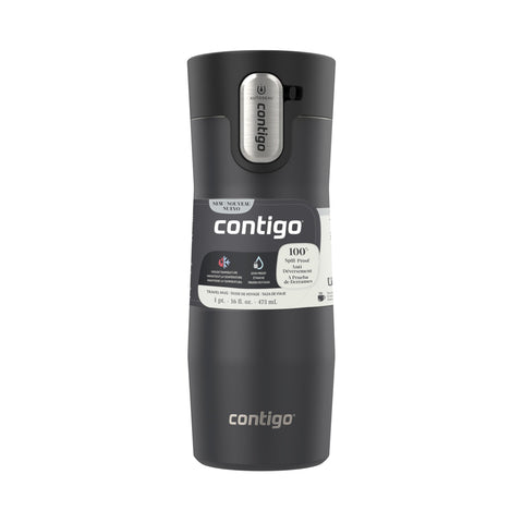 Contigo 16oz size comparison beside a phone to show portable capacity and convenience
