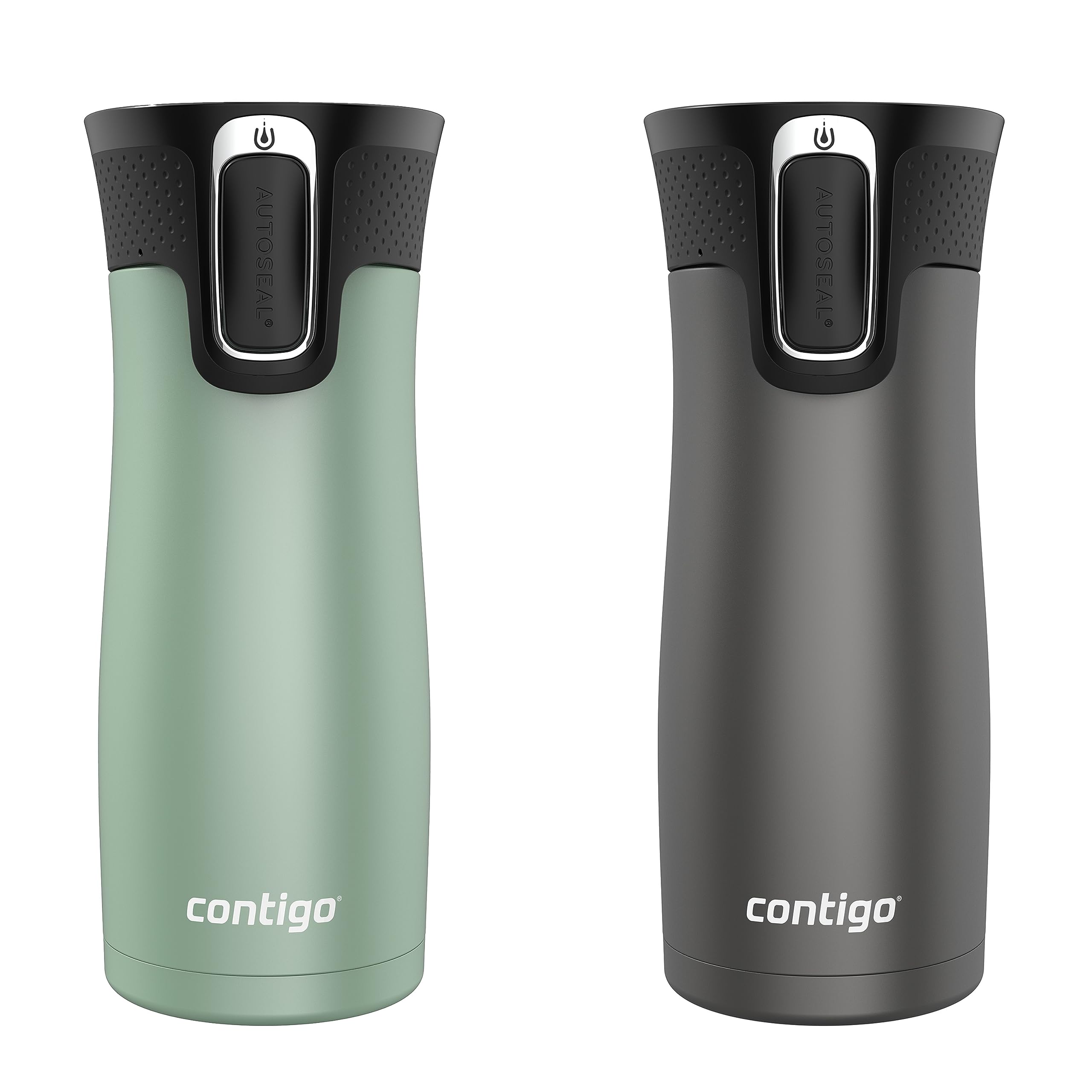 Contigo West Loop front view showing two metallic mugs and secure lids for spill-free travel