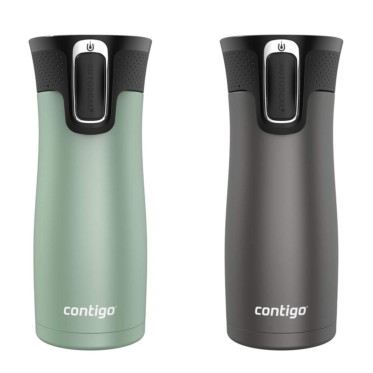 Contigo West Loop front view showing two metallic mugs and secure lids for spill-free travel