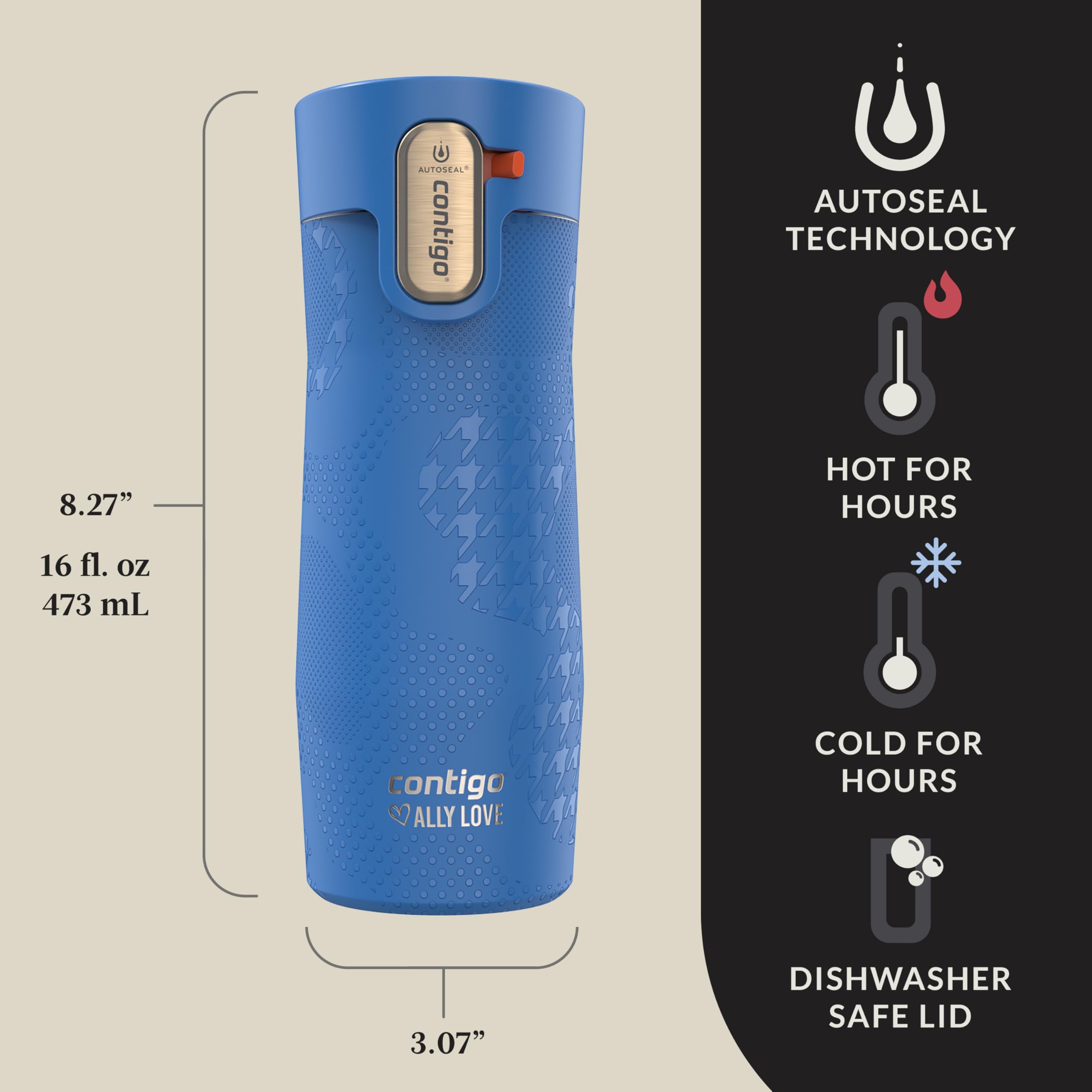 Contigo West Loop 3.0 AUTOSEAL button being pressed for one‑handed, spill‑proof drinking