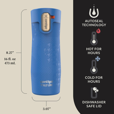 Contigo West Loop 3.0 AUTOSEAL button being pressed for one‑handed, spill‑proof drinking