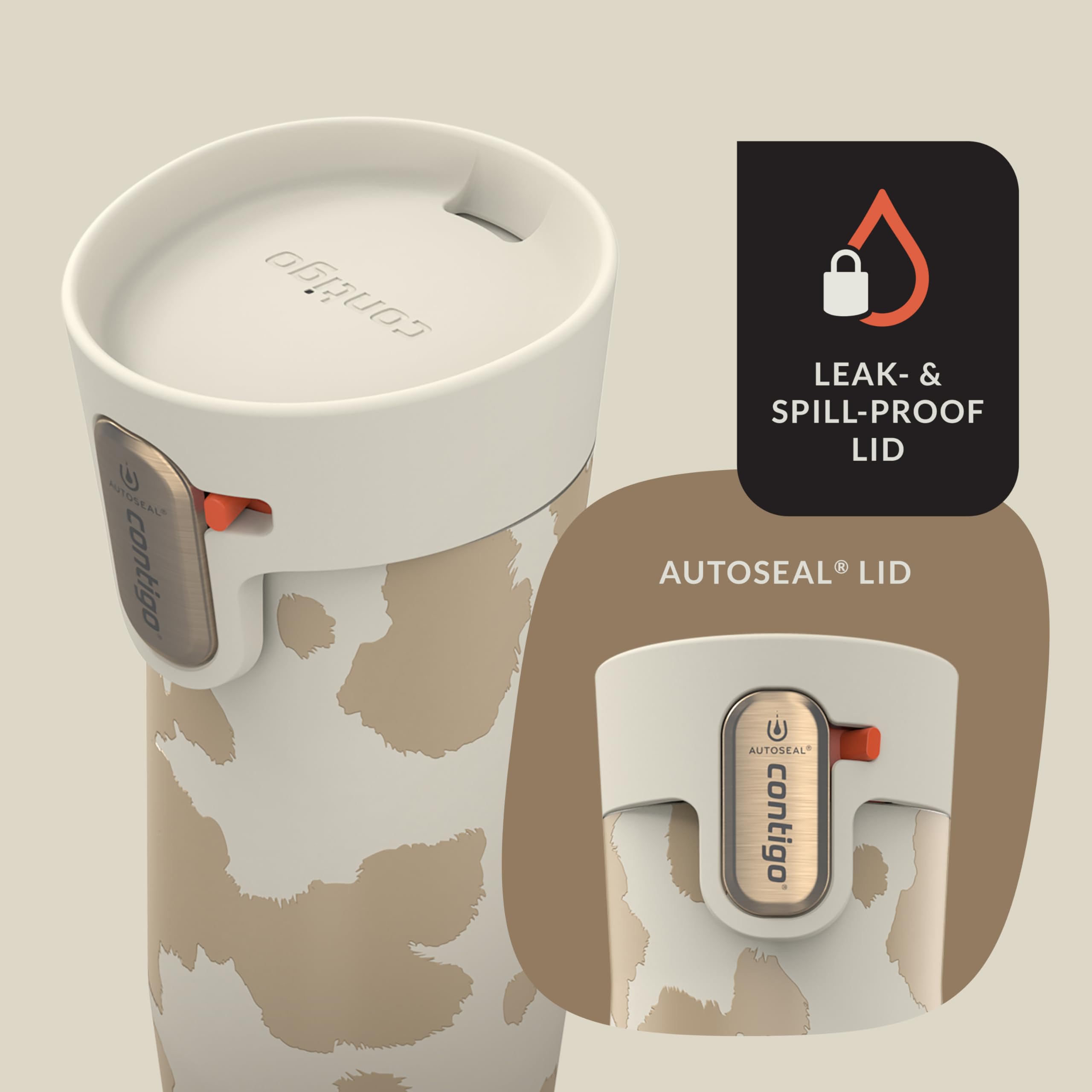 Contigo mug sitting in car cup holder showing West Loop fit and secure travel benefit