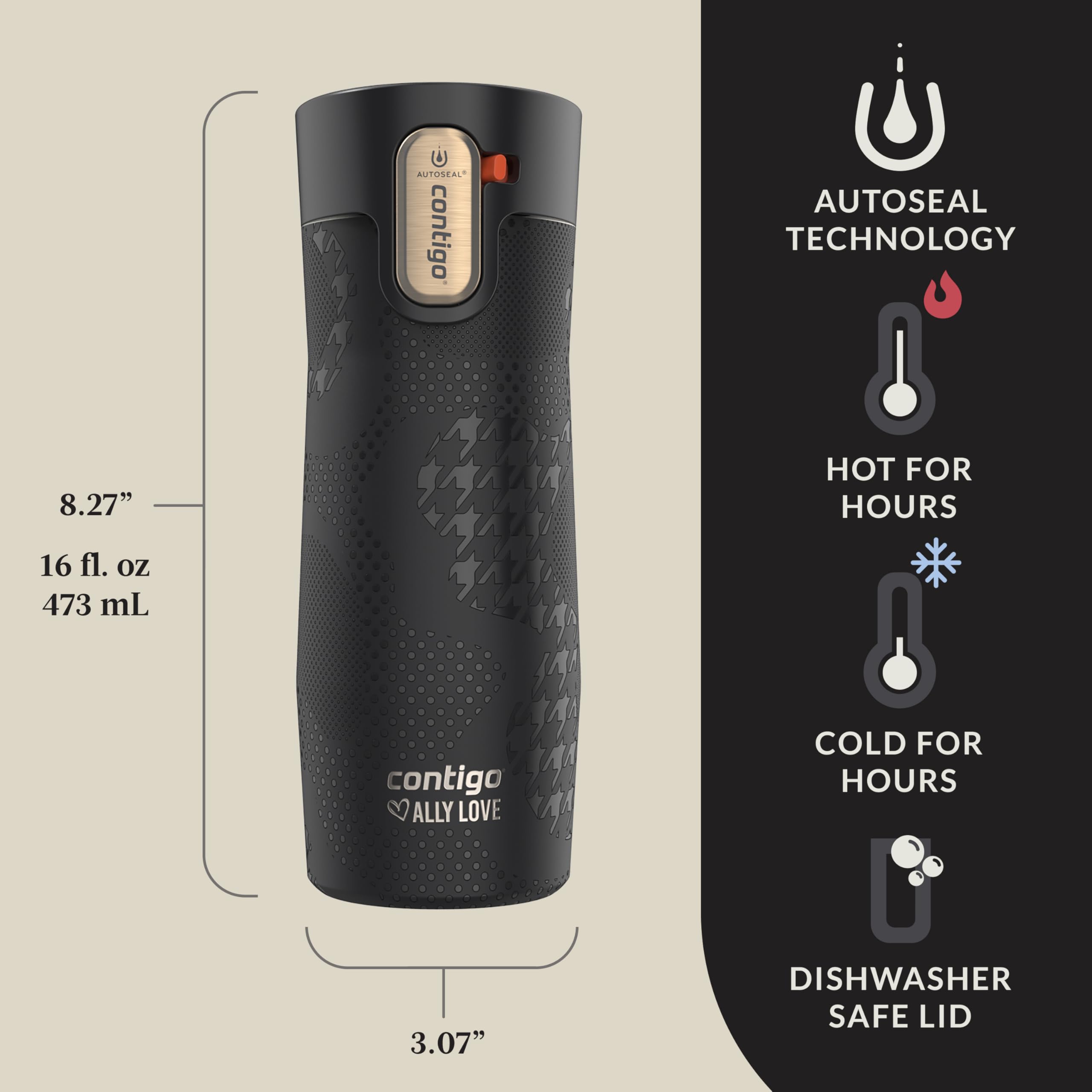 Contigo West Loop 3.0 AUTOSEAL button close-up demonstrating one-handed spill-proof operation