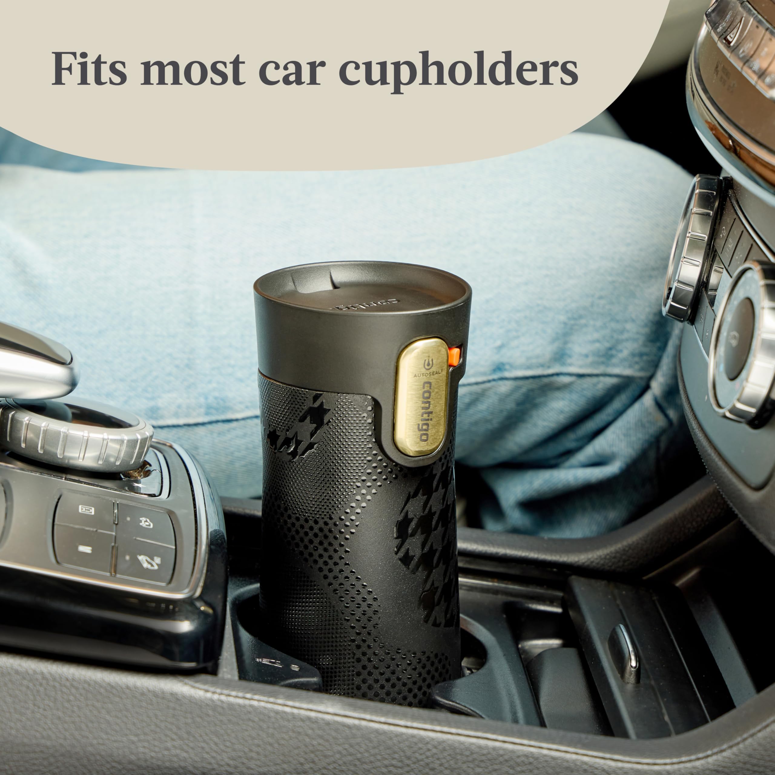 Contigo West Loop 3.0 in a commuter bag and on a café table showing on-the-go lifestyle use