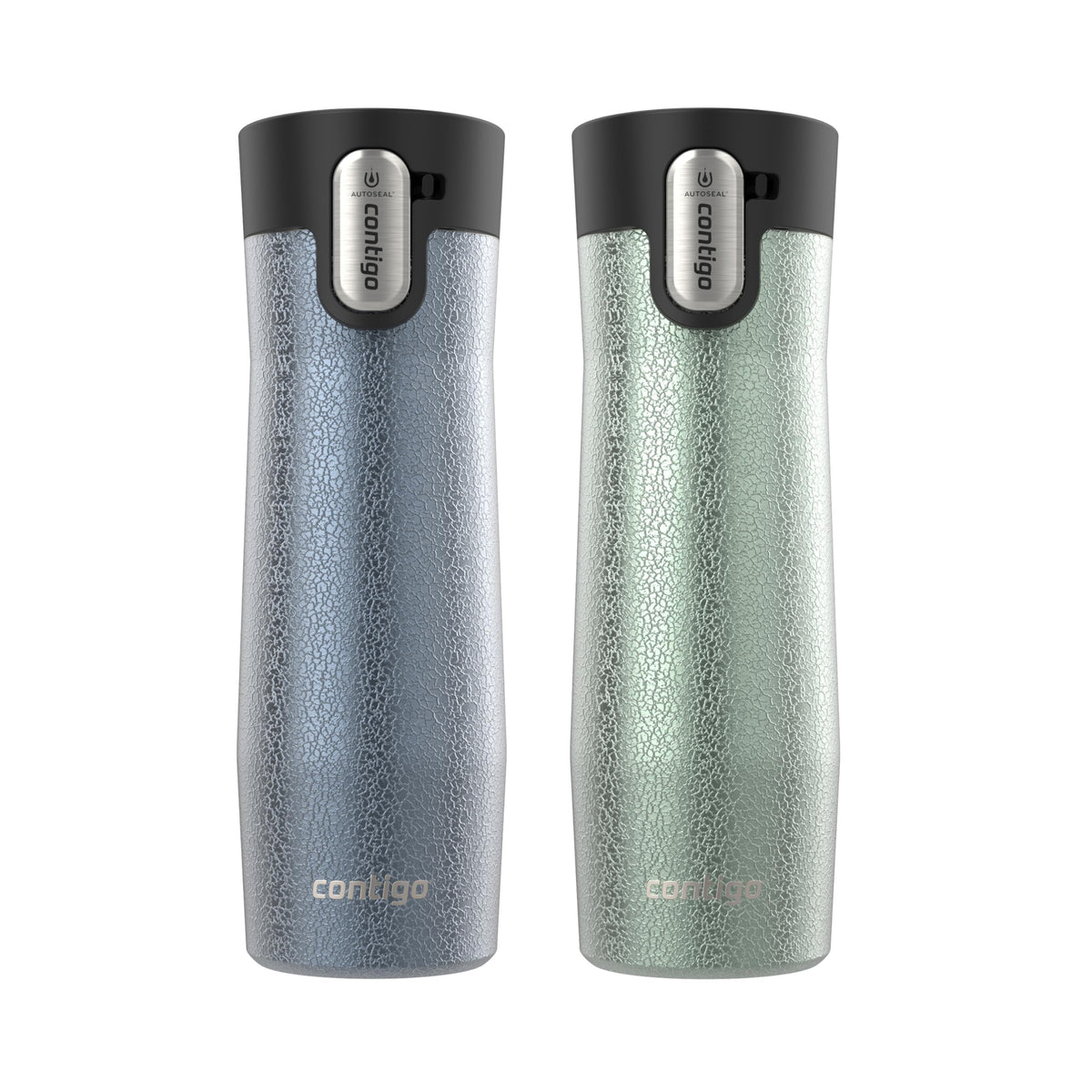 Contigo West Loop front view of two-pack in Crystal Lakeside and Crystal Agave showing colors and branding benefit convenience