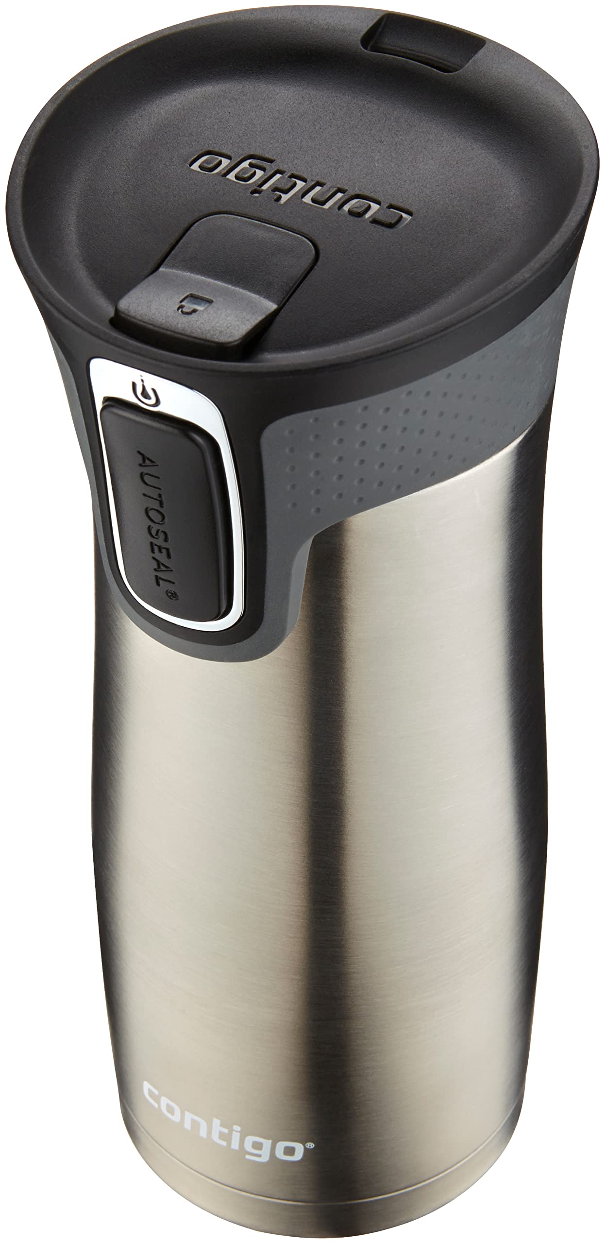 Contigo West Loop front view showing stainless steel body and black finish for everyday portability