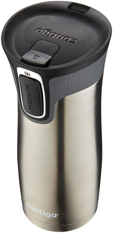Contigo West Loop front view showing stainless steel body and black finish for everyday portability