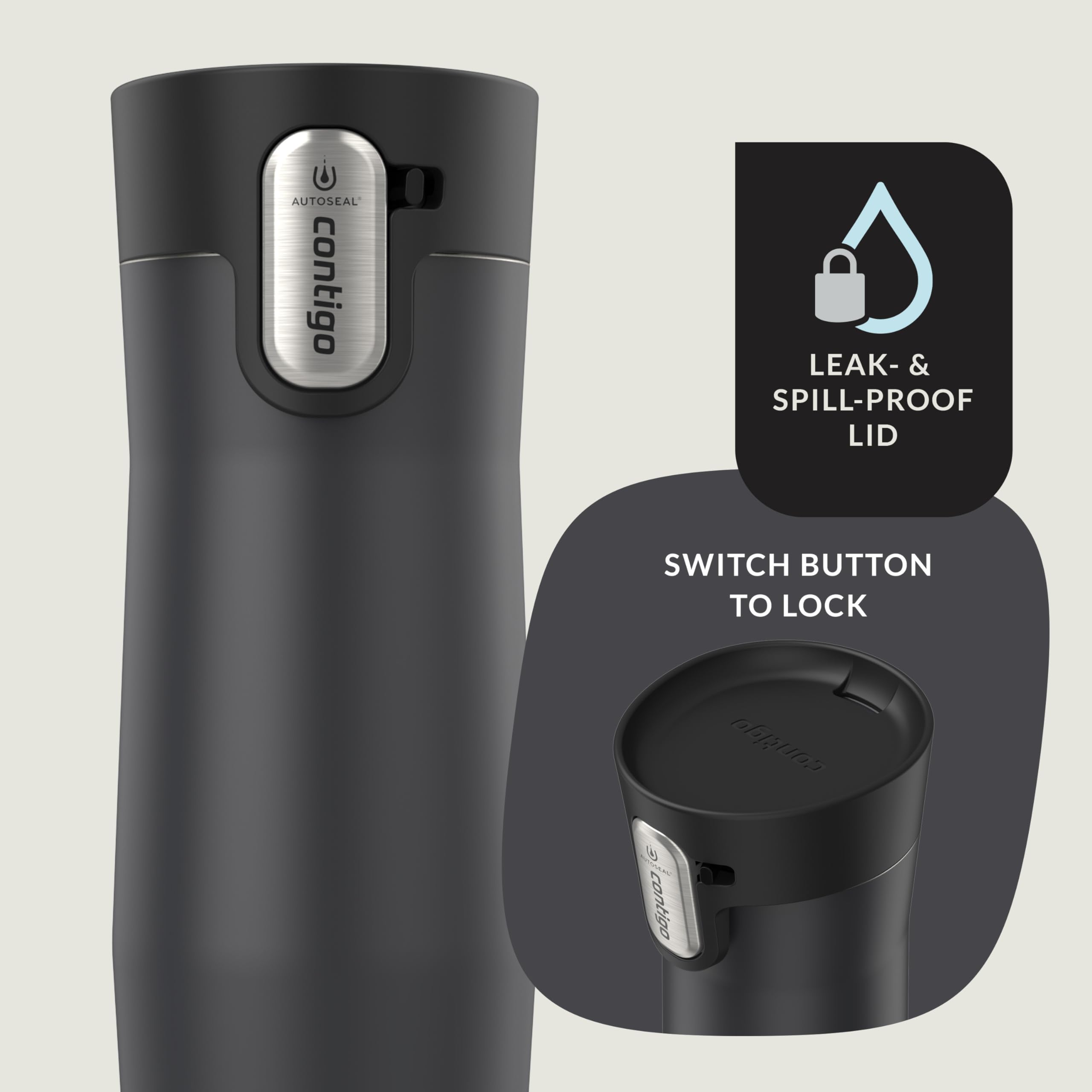 Contigo placed in car cupholder demonstrating secure fit and hands-free driving safety