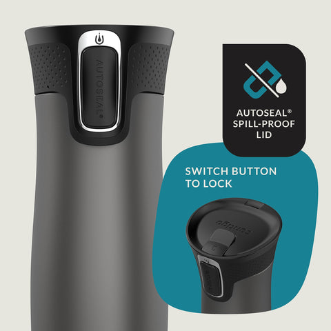 Contigo West Loop close-up of AUTOSEAL lid and lock button for leak-proof sipping