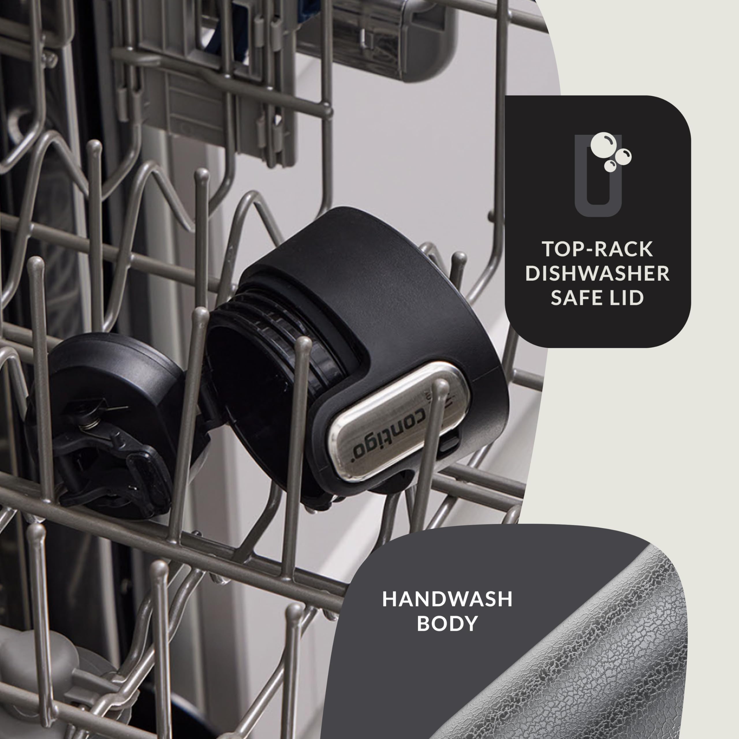 Contigo West Loop held by a commuter on a train showing portable use and spill protection