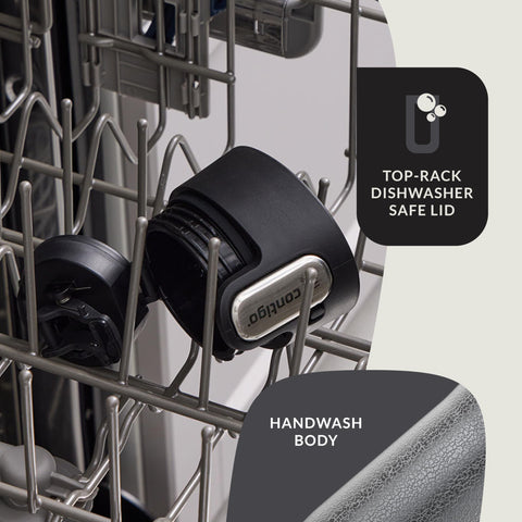 Contigo West Loop held by a commuter on a train showing portable use and spill protection