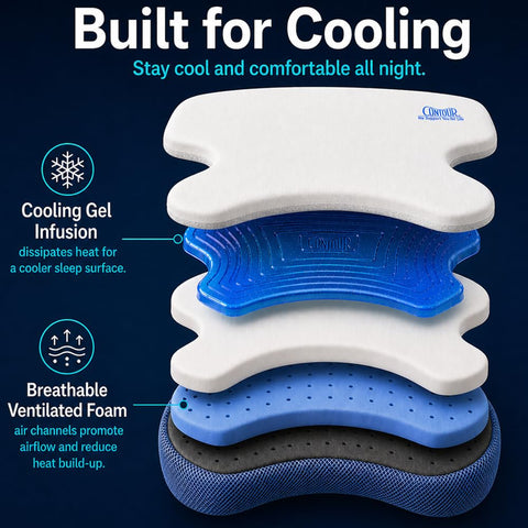 Contour pillow beside a hand for scale illustrating compact adjustable profile