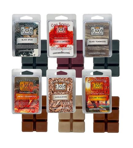 Coo Candles front packaging showing six autumn wax melt bars and branding benefit: ready-to-gift