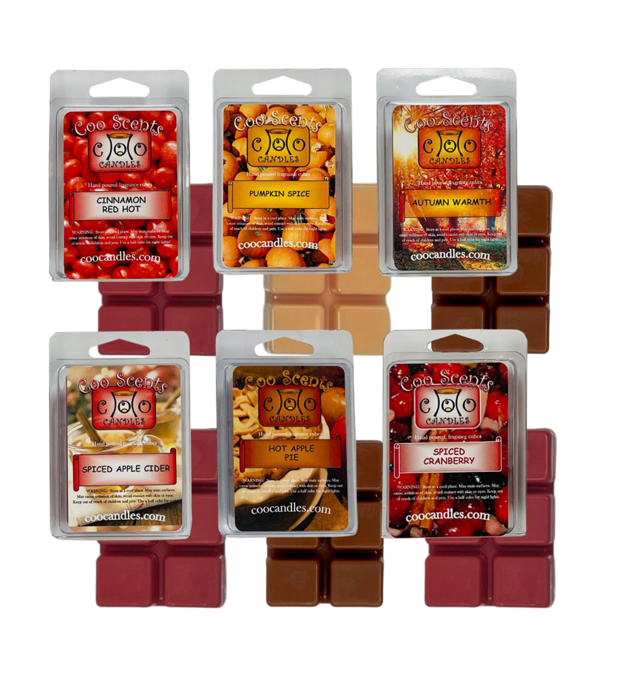 Coo Candles front packaging showing six fall scent pouches, clear seasonal variety