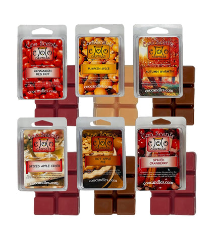 Coo Candles front packaging showing six fall scent pouches, clear seasonal variety