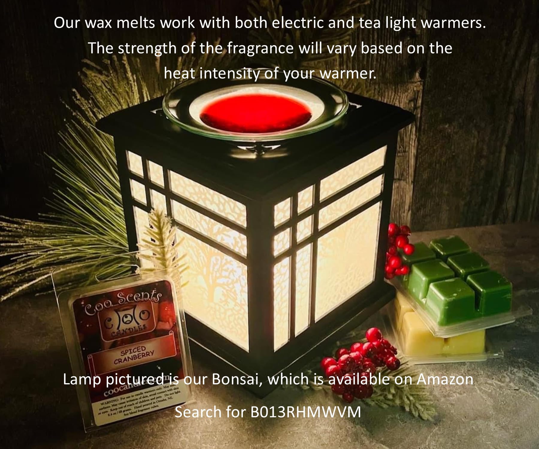 Coo Candles product label and features panel showing scents and made in USA note