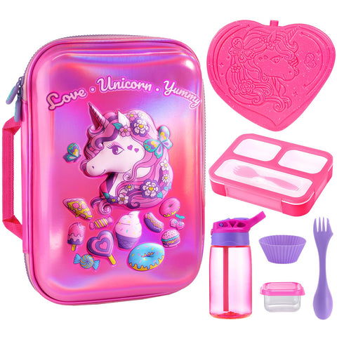 COO&KOO unicorn lunch bag front view showing colorful design and easy carry handle
