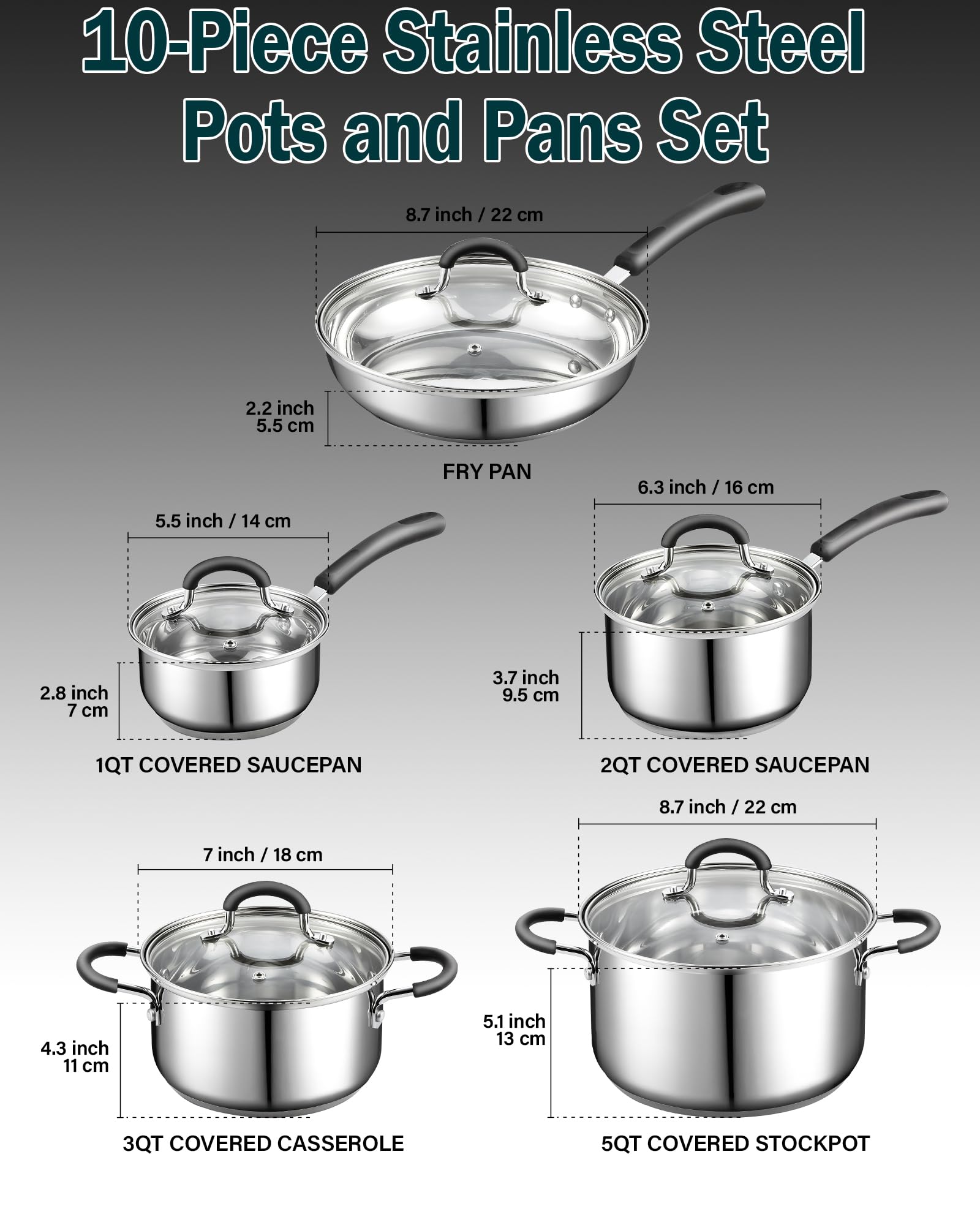 Cook N Home arranged 10-piece cookware set on counter highlighting included pots and pans for meal variety