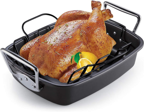 Cook N Home roaster front view showing full 17x13 pan and capacity benefit