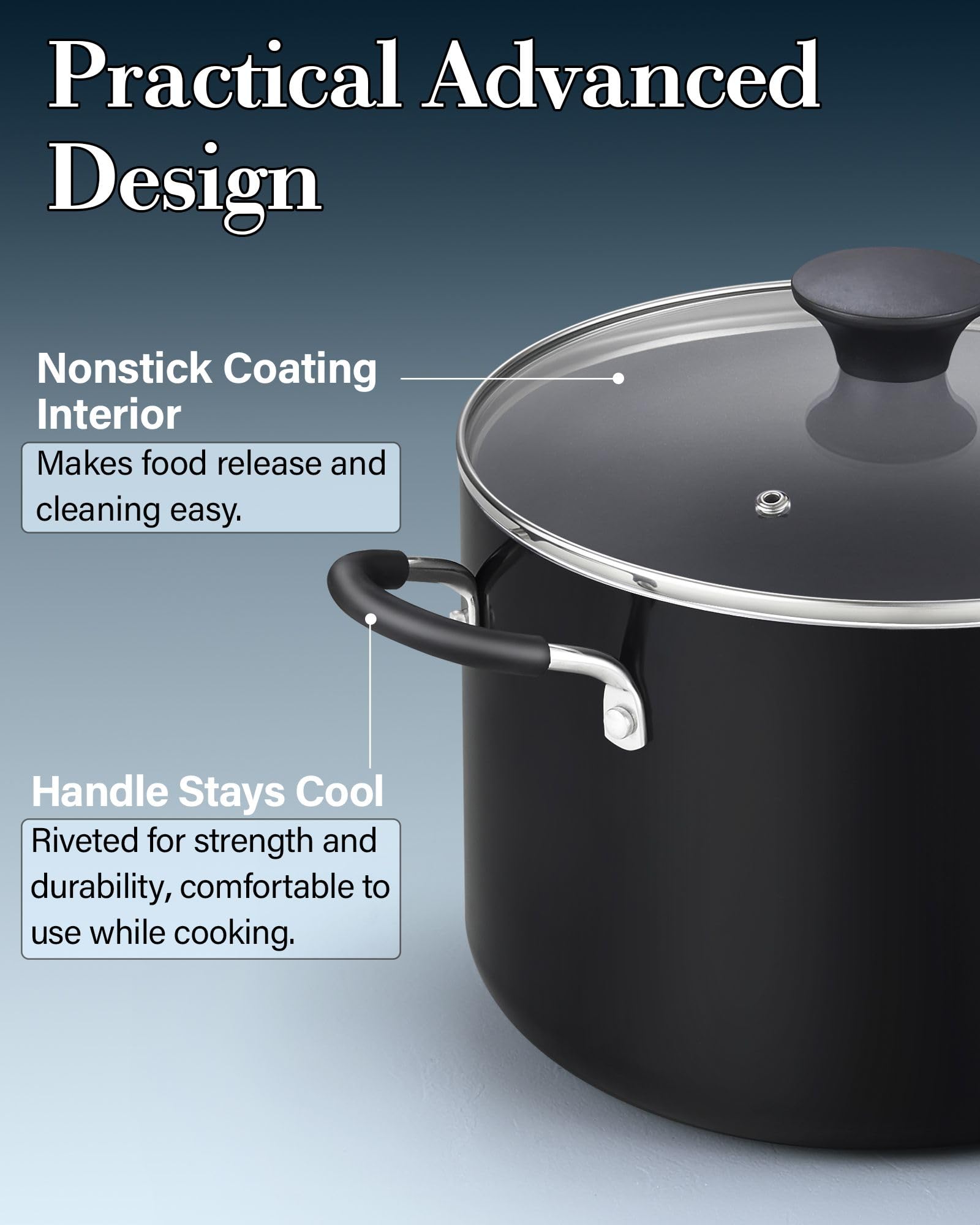 Cook N Home stock pot filled with pasta illustrating 8-quart capacity