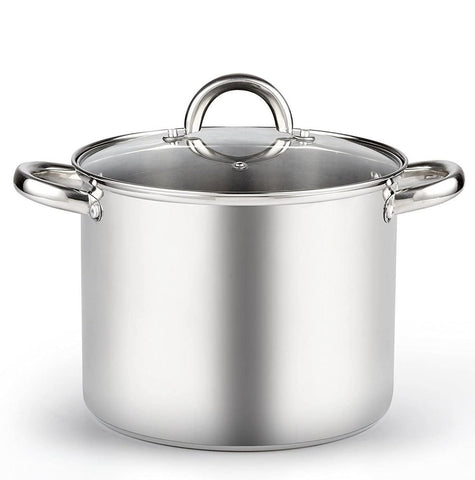 Cook N Home front view of 8 quart stock pot showing polished finish and lid, durable cooking