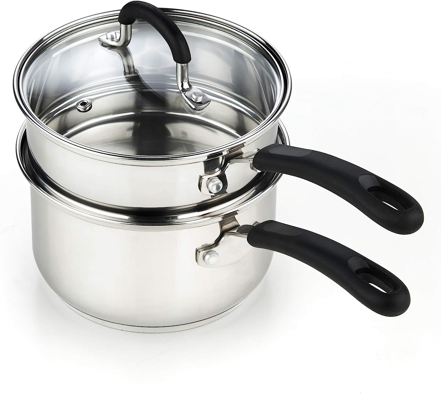 Cook N Home double boiler front view showing polished finish and lid for versatile cooking
