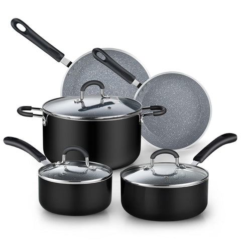 Cook N Home set front view showing all eight pieces and lids for versatile cooking