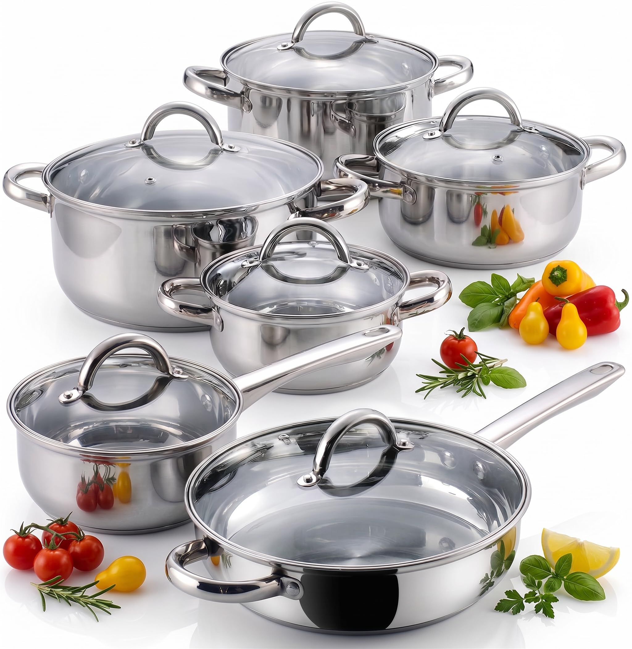 Cook N Home front view of full 12-piece set showcasing pieces and polished finish for versatility