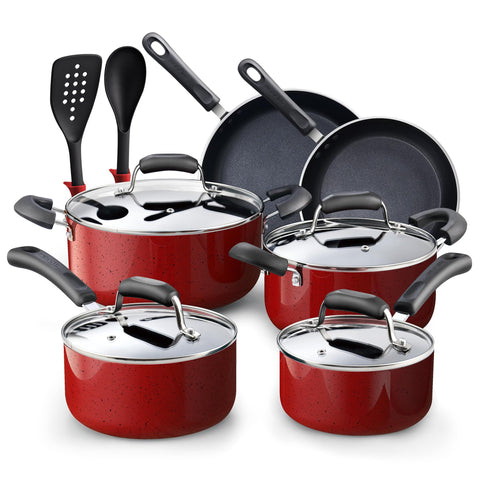 Cook N Home front view of 12-piece red cookware set showcasing full contents and coordinated finish