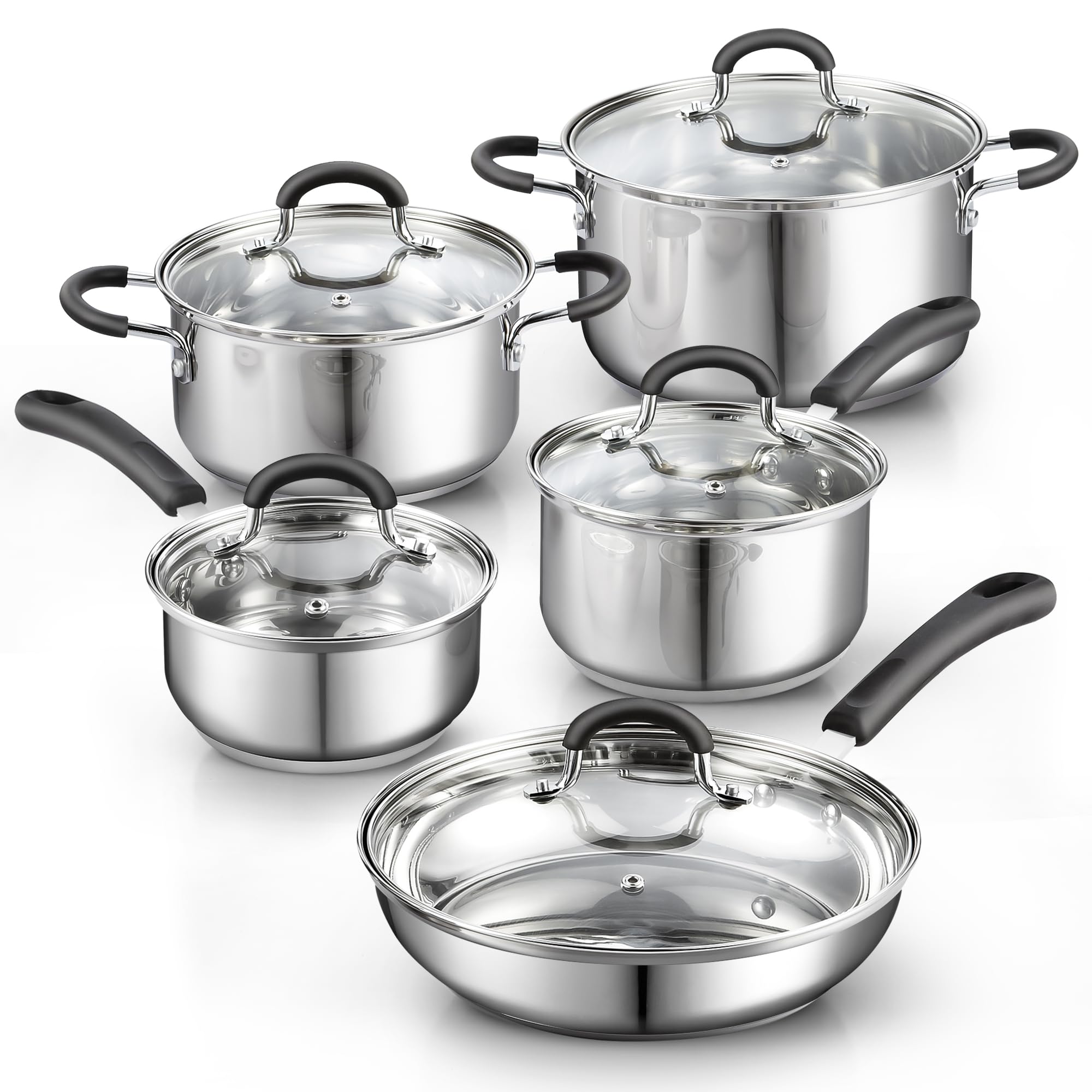 Cook N Home front view of full 10-piece set showing polished finish and lids for elegant presentation