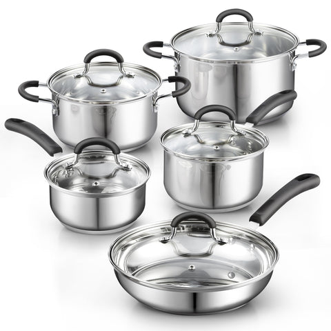 Cook N Home front view of full 10-piece set showing polished finish and lids for elegant presentation
