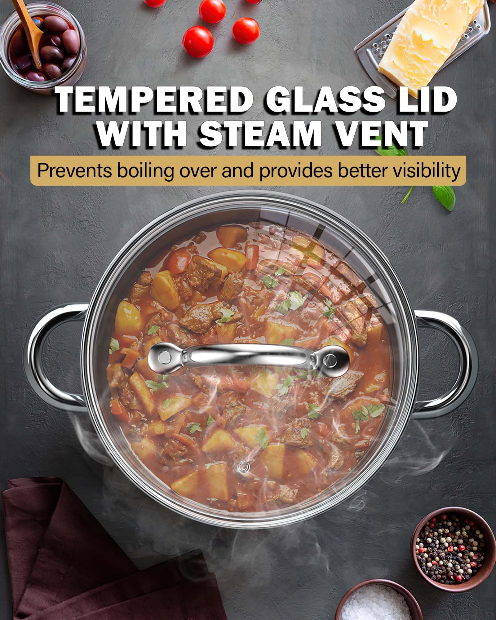 Cook N Home riveted stainless steel handle close-up highlighting secure, stay-cool grip
